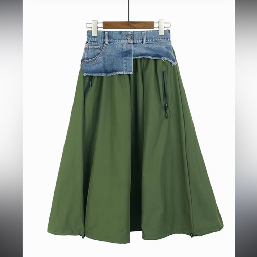 Kelly Obi Olive Denim-Patchwork Skirt